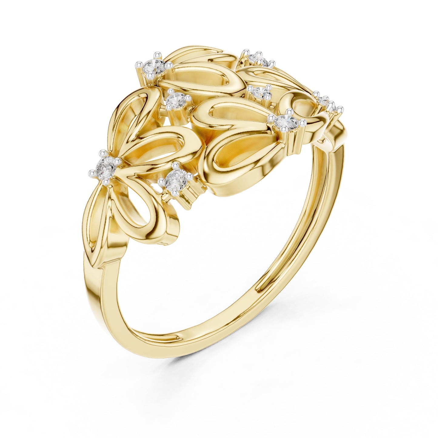 Rose gold moissanite floral cluster ring with vintage style flower design, perfect for bridal or anniversary jewelry by Riora.