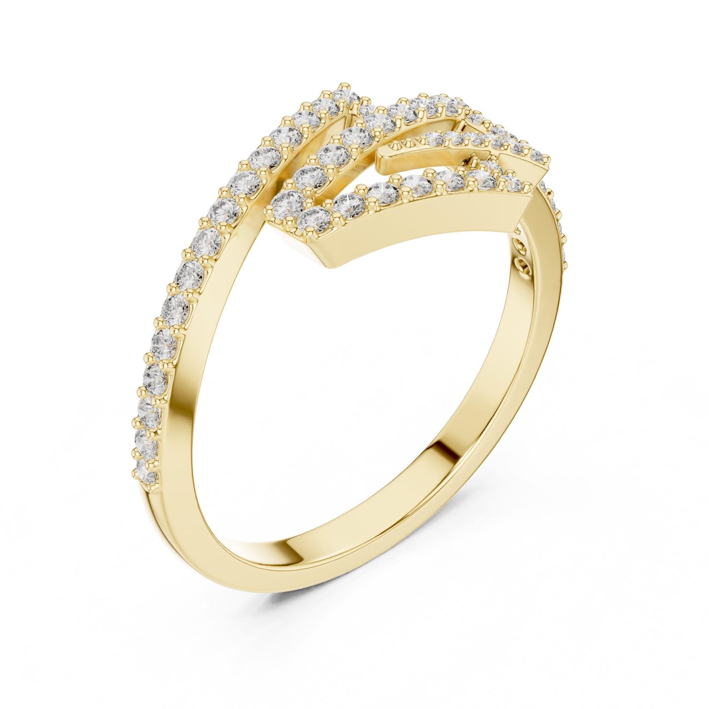 Riora zigzag moissanite diamond ring with geometric wrap band, minimalist modern stackable wedding jewelry on a white background.