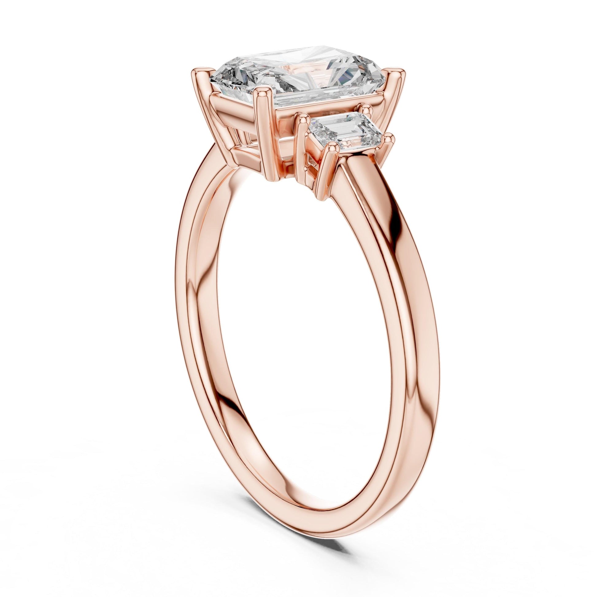 Riora radiant emerald cut cubic zirconia engagement ring with gold, rose, and silver band, hypoallergenic bridal jewelry.