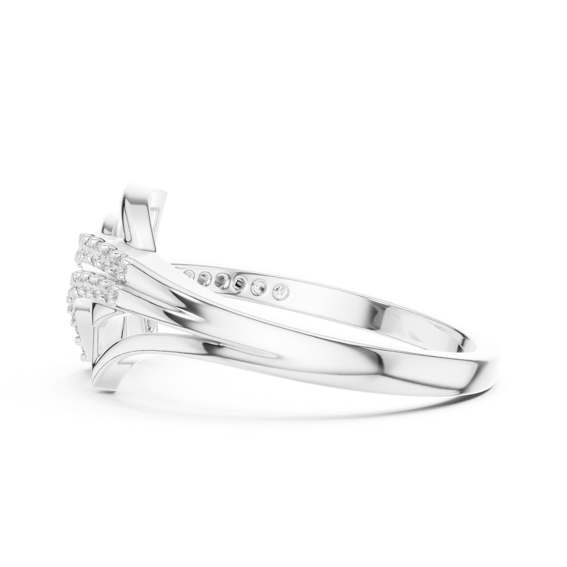 Dainty rose gold moissanite wave stacking ring with diamond accents, minimalist wedding band for women by Riora.