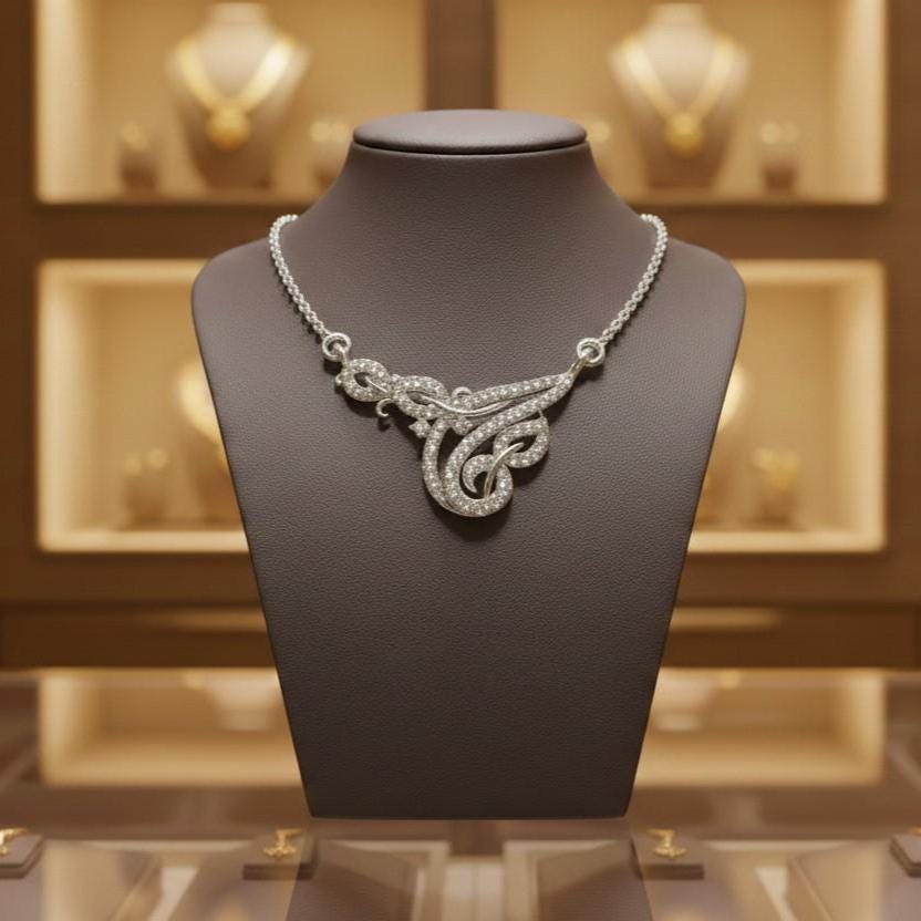 Riora moissanite swirl pendant necklace with gold, rose, and silver tones, elegant bridal or anniversary jewelry.