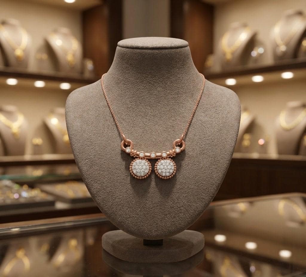 Riora Moissanite dangle necklace with double gold rose gold discs, minimalist bridal jewelry, elegant and delicate design