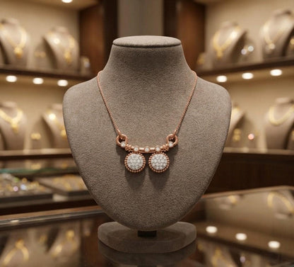 Riora Moissanite dangle necklace with double gold rose gold discs, minimalist bridal jewelry, elegant and delicate design