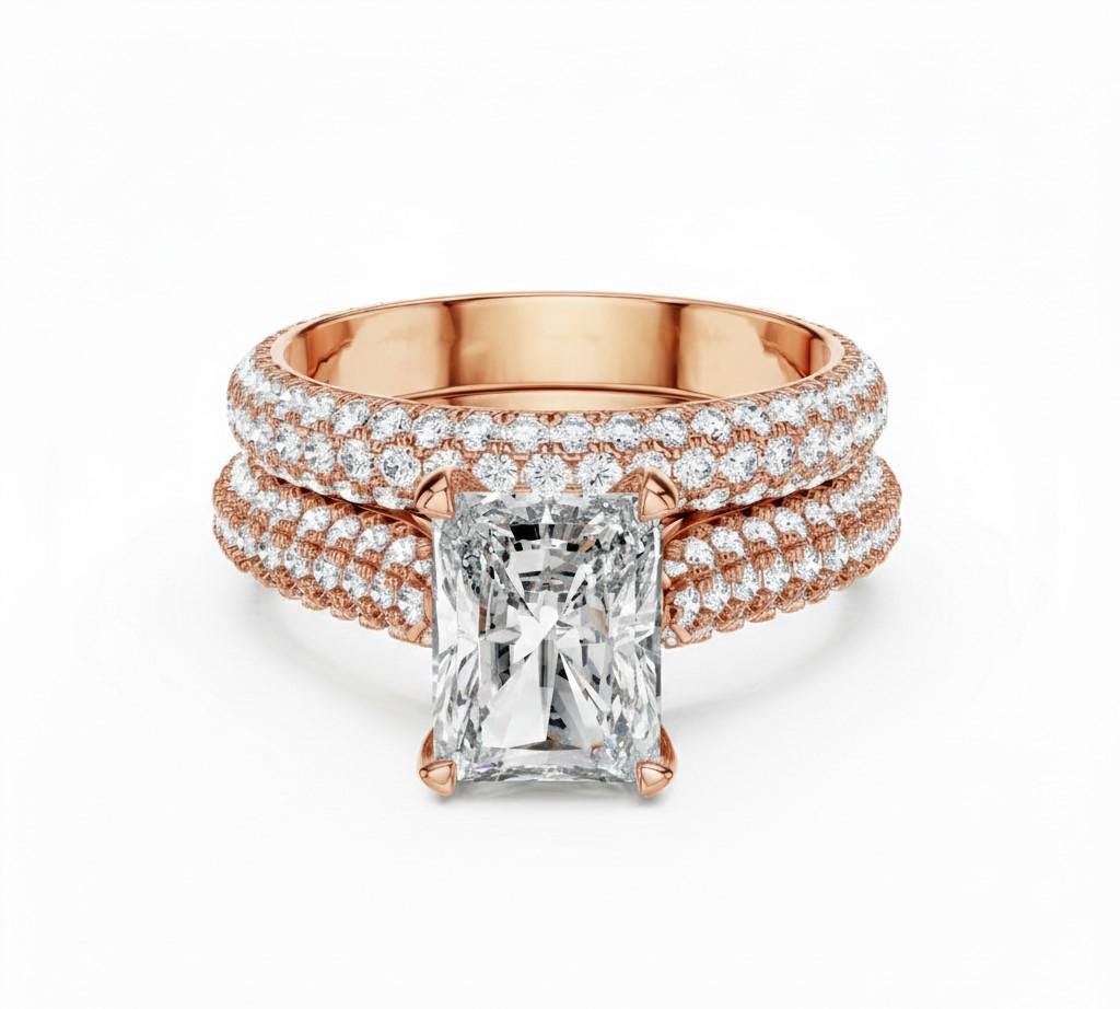 Radiant Cut CZ Engagement Ring | Pave Eternity Band | Gold, Rose Gold & Silver