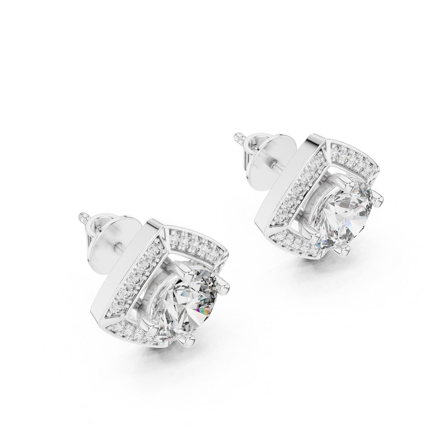 Riora Moissanite diamond stud earrings in rose gold and silver, minimalist bridal jewelry perfect for women.