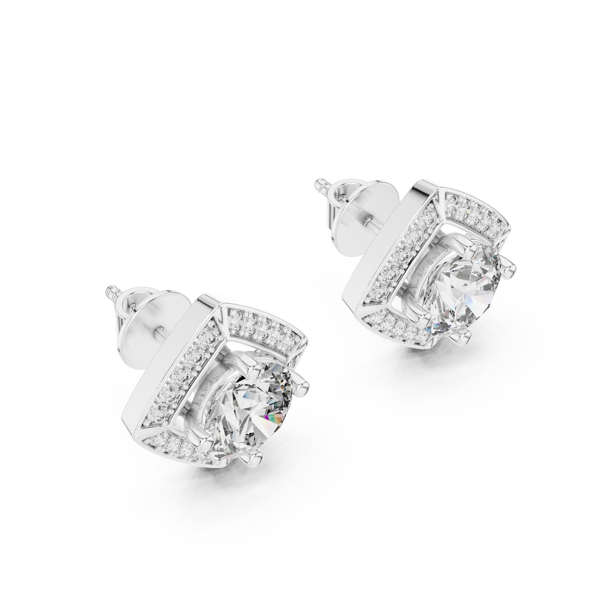 Riora Moissanite diamond stud earrings in rose gold and silver, minimalist bridal jewelry perfect for women.