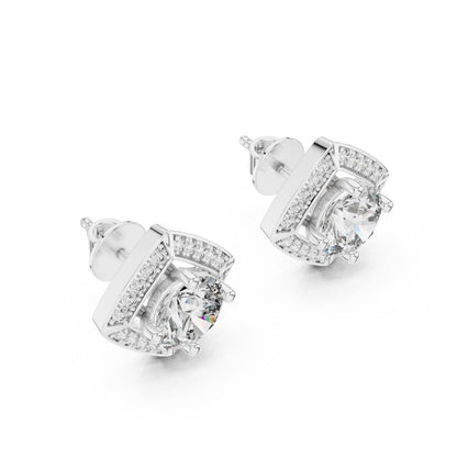 Riora Moissanite diamond stud earrings in rose gold and silver, minimalist bridal jewelry perfect for women.