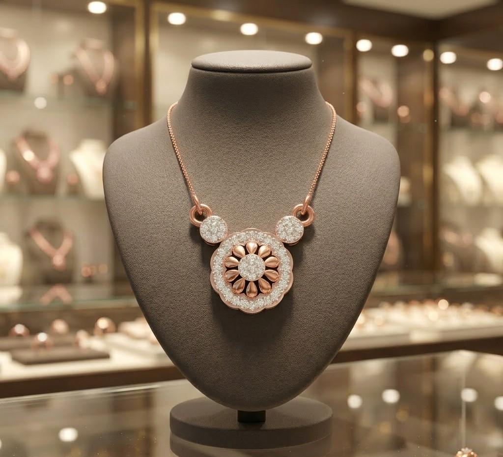 Riora moissanite floral pendant necklace with vintage rose gold flower design, elegant bridal jewelry for women.