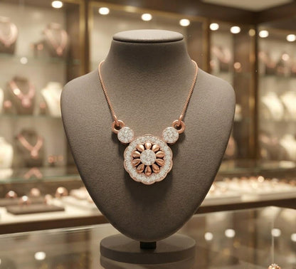 Riora moissanite floral pendant necklace with vintage rose gold flower design, elegant bridal jewelry for women.