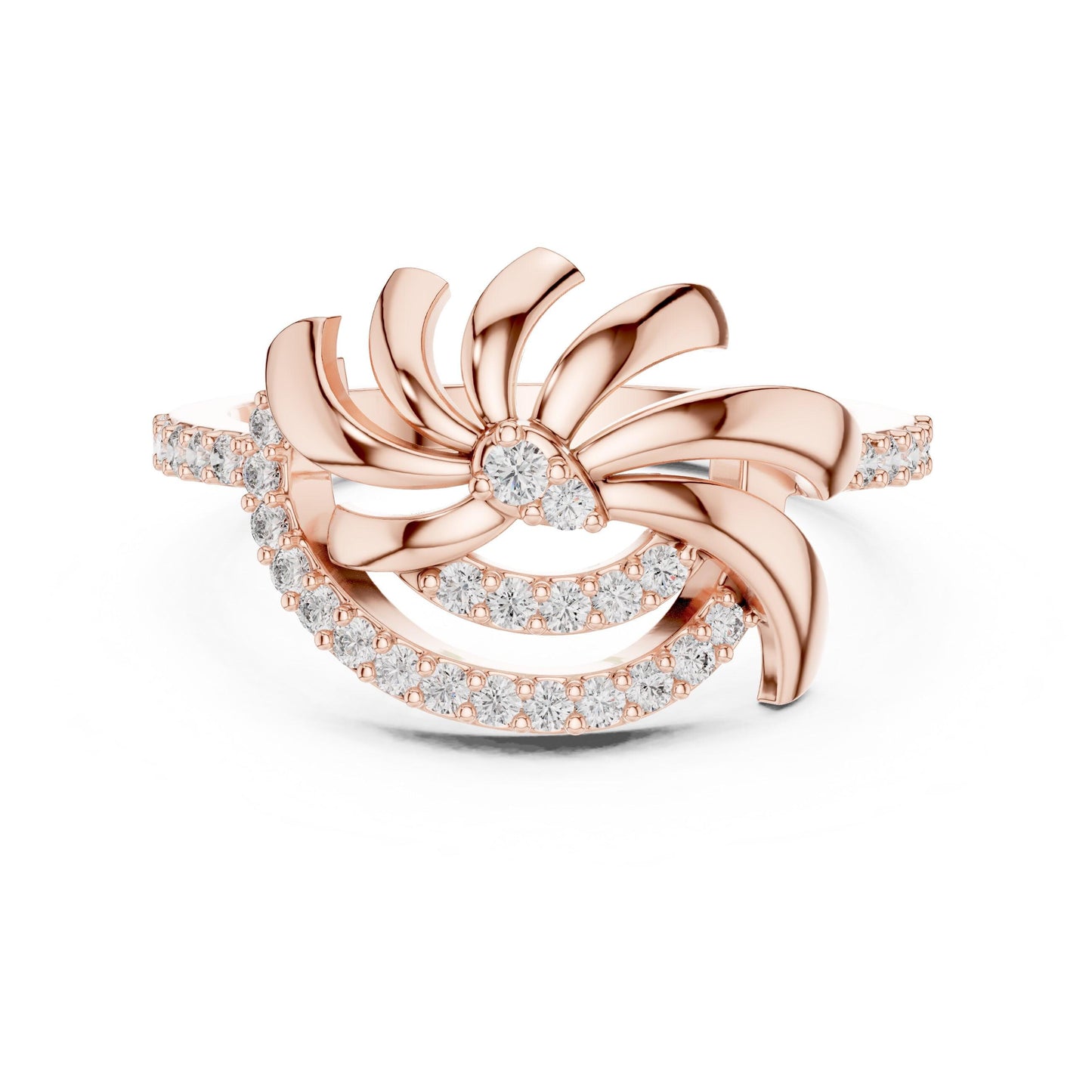 Rose gold floral swirl moissanite diamond engagement ring with vintage leaf design, crafted for women by Riora.