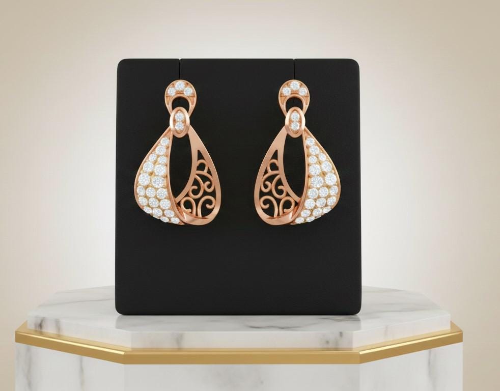 Riora moissanite drop stud earrings in gold, silver, and rose gold with elegant dangles, perfect for bridal or gift jewelry.