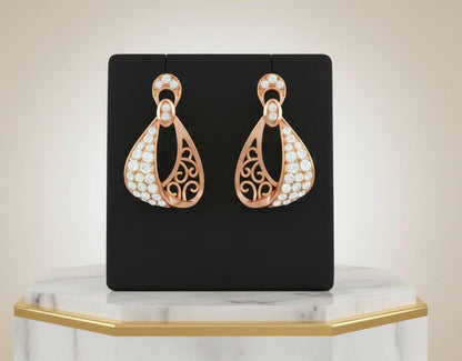 Riora moissanite drop stud earrings in gold, silver, and rose gold with elegant dangles, perfect for bridal or gift jewelry.