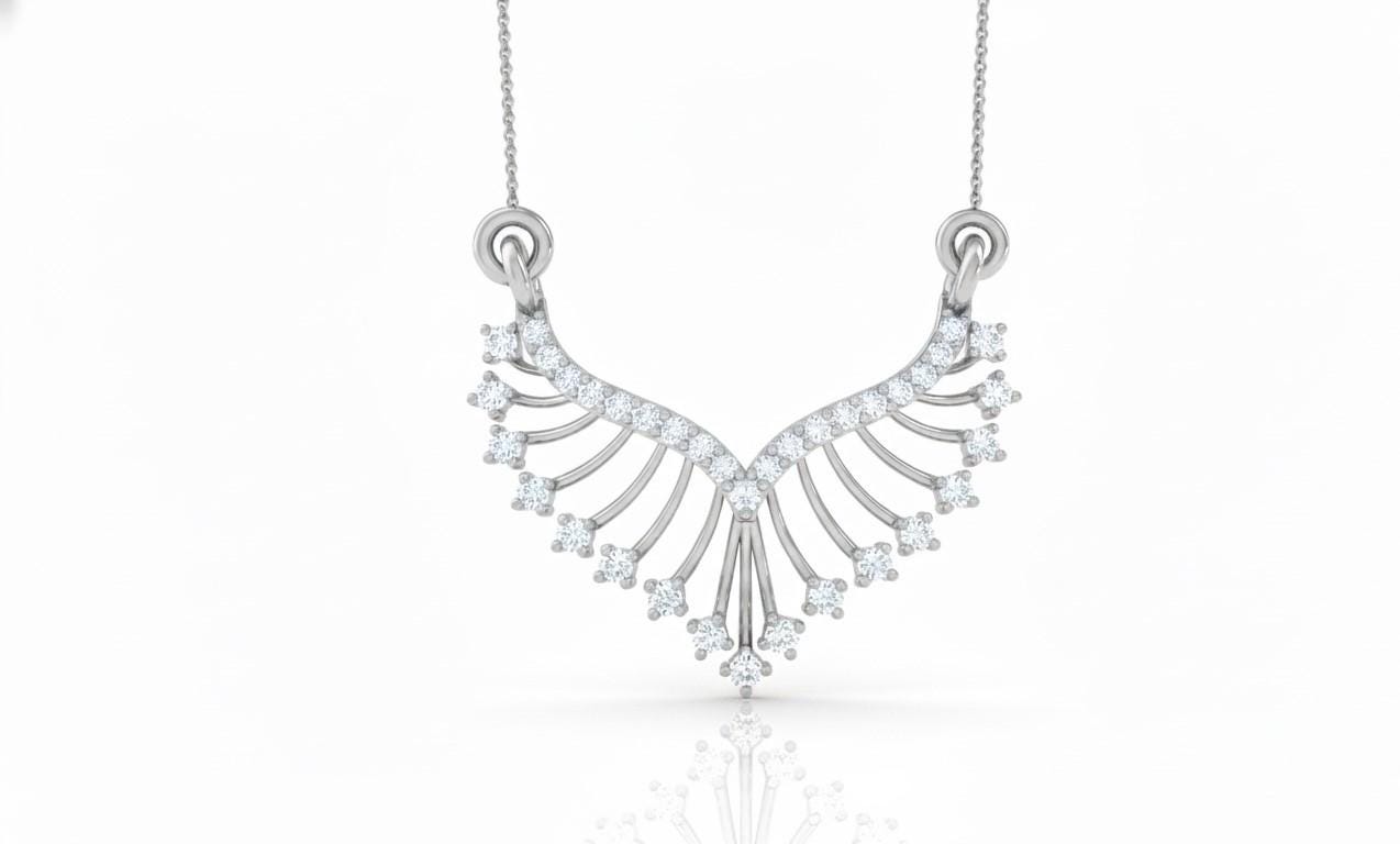 Silver necklace with diamond-like stones on a white background