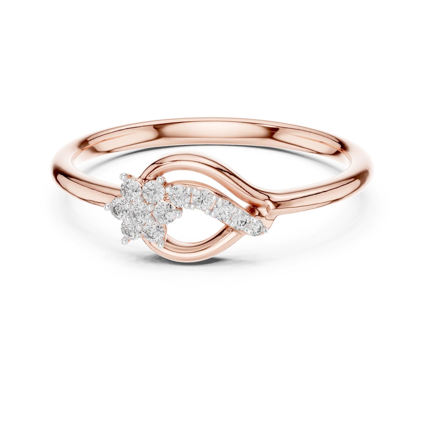 Riora Moissanite flower infinity ring with floral design, romantic wedding jewelry in delicate rose gold, featuring a bridal promise band.