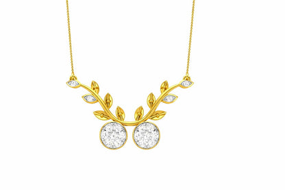Riora Moissanite cherry branch necklace with leaf pendant in rose gold and silver, nature-inspired minimalist bridal jewelry.