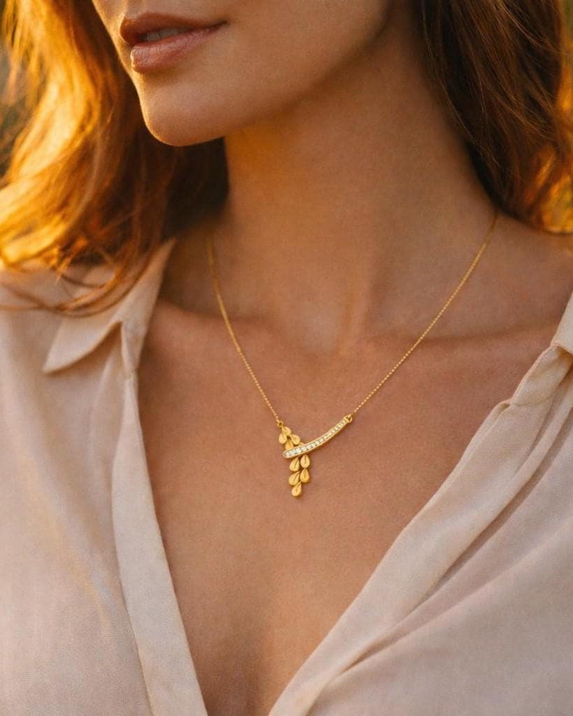 Riora Moissanite leaf drop necklace with rose gold botanical pendant, minimalist dainty jewelry for bridal or everyday wear