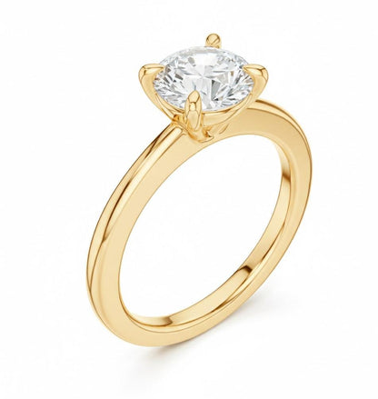 Riora minimalist gold moissanite solitaire ring with a dainty thin band, perfect as a promise or wedding stackable jewelry piece.