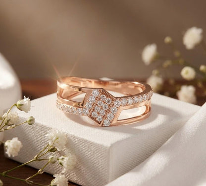 Riora modern CZ split shank geometric ring in gold rose silver with statement design and promise band for anniversary jewelry
