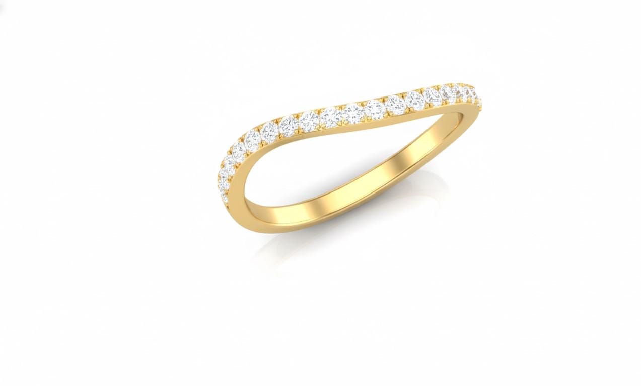 Riora gold moissanite curved wedding band with minimal diamond accents, nickel-free hypoallergenic stacking jewelry.