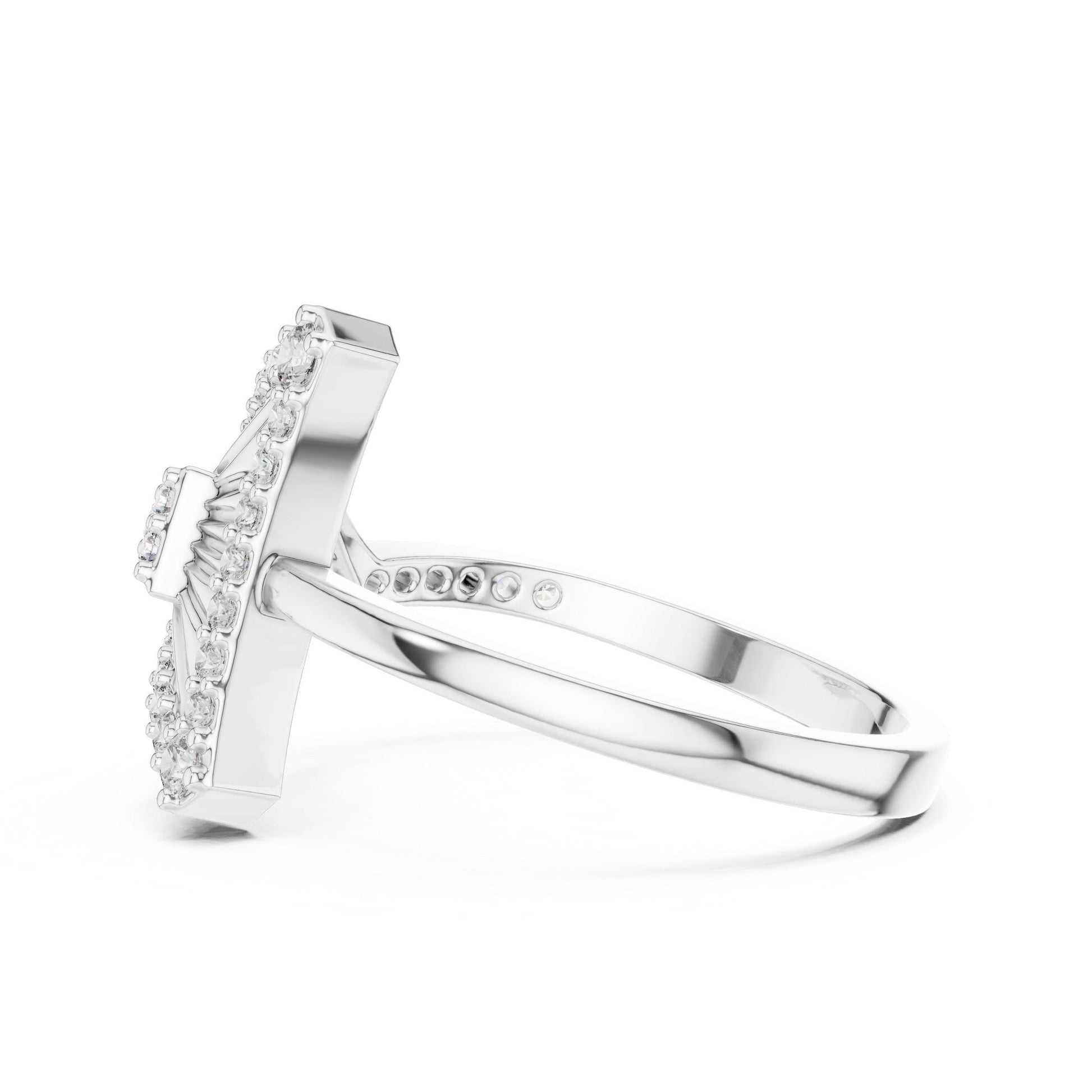 Riora geometric triangle moissanite diamond gold statement ring with minimalist modern design on a finger.