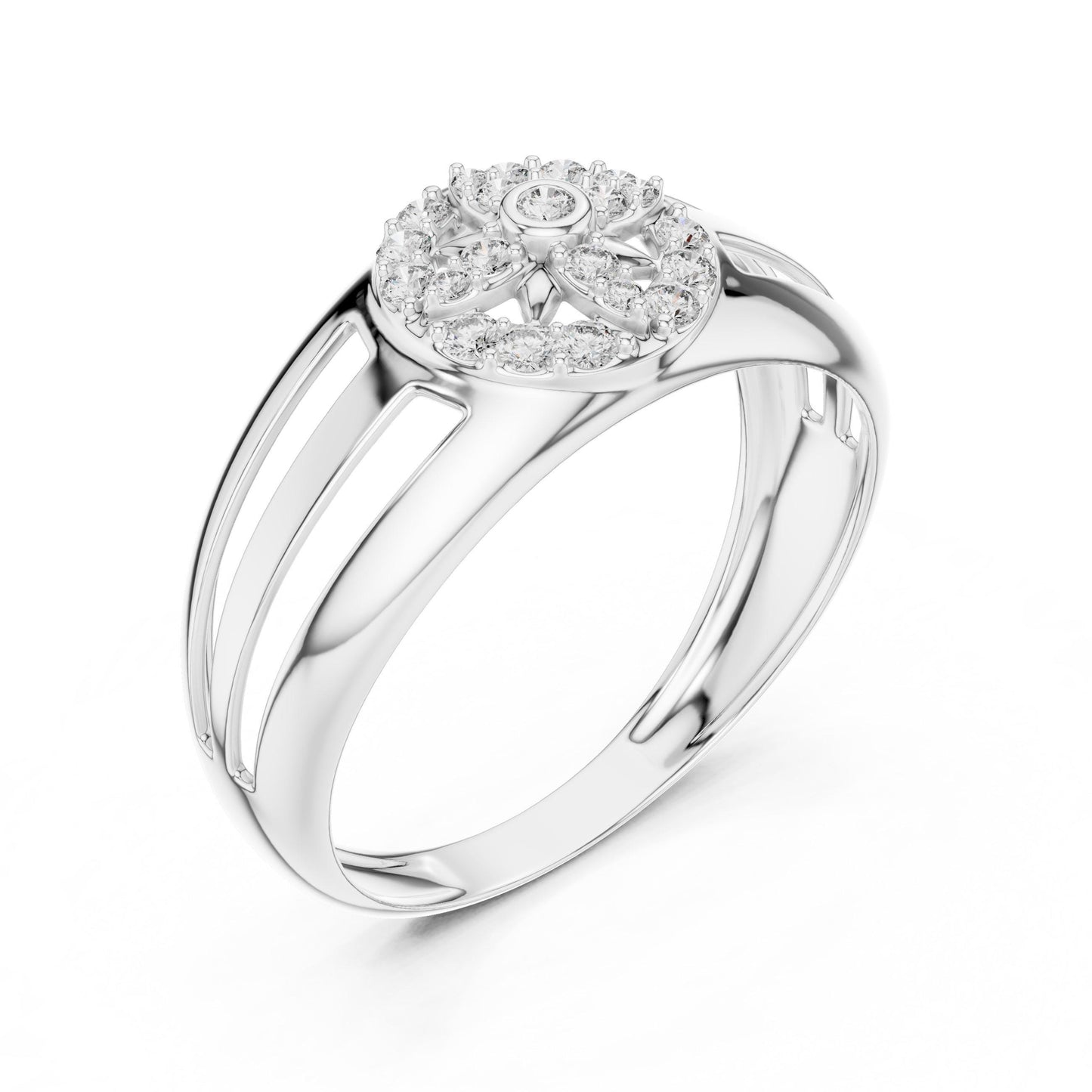 Riora luxury moissanite diamond halo ring in gold and silver, featuring a sparkling center stone and intricate bridal jewelry design
