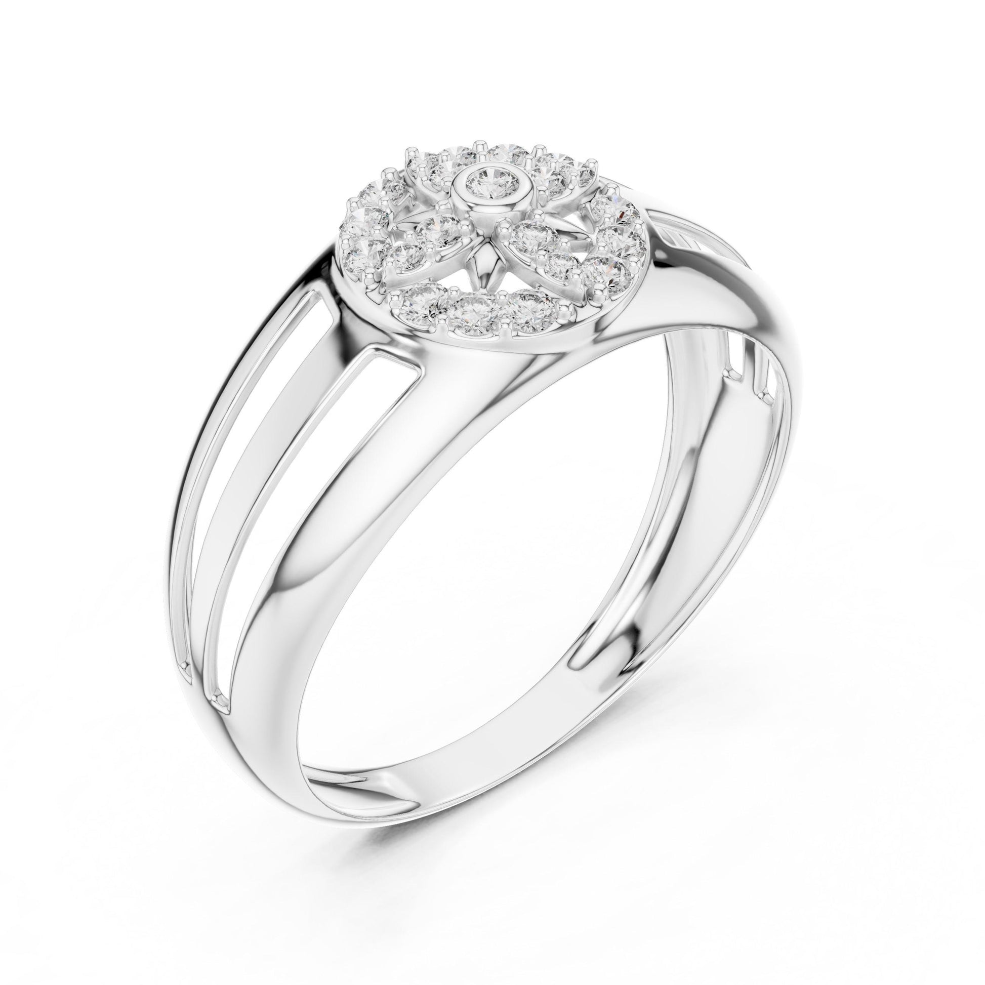 Riora luxury moissanite diamond halo ring in gold and silver, featuring a sparkling center stone and intricate bridal jewelry design