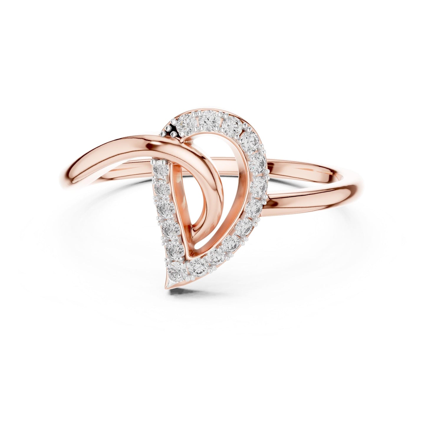 Riora moissanite halo heart ring with rose gold band, minimalist engagement and anniversary jewelry featuring a sparkling heart-shaped center stone
