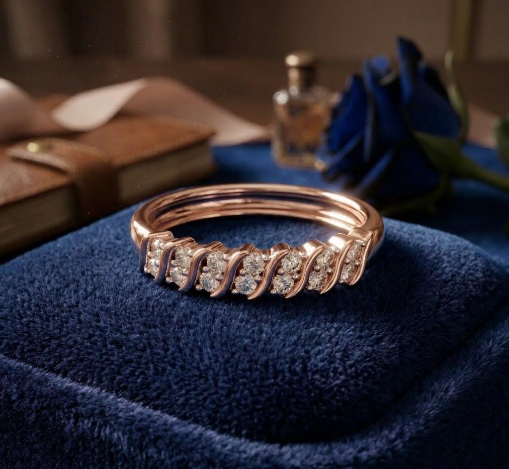 Riora moissanite curved diamond wave wedding band in rose gold and silver with half eternity design for anniversary or special occasions.