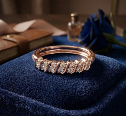 Riora moissanite curved diamond wave wedding band in rose gold and silver with half eternity design for anniversary or special occasions.