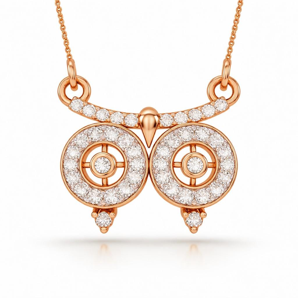 Rose gold owl moissanite necklace with a dainty pendant, elegant jewelry gift for women, featuring minimal luxury design.