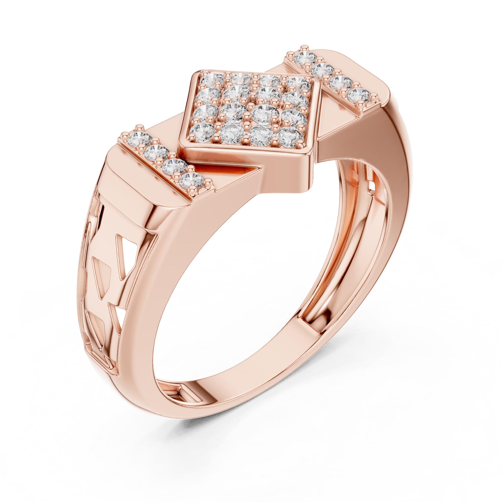 Elegant gold and rose moissanite diamond engagement ring with a sparkling band, crafted by Riora for bridal jewelry and special occasions.