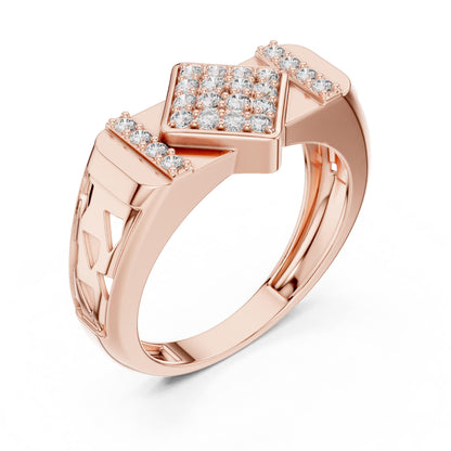 Elegant gold and rose moissanite diamond engagement ring with a sparkling band, crafted by Riora for bridal jewelry and special occasions.