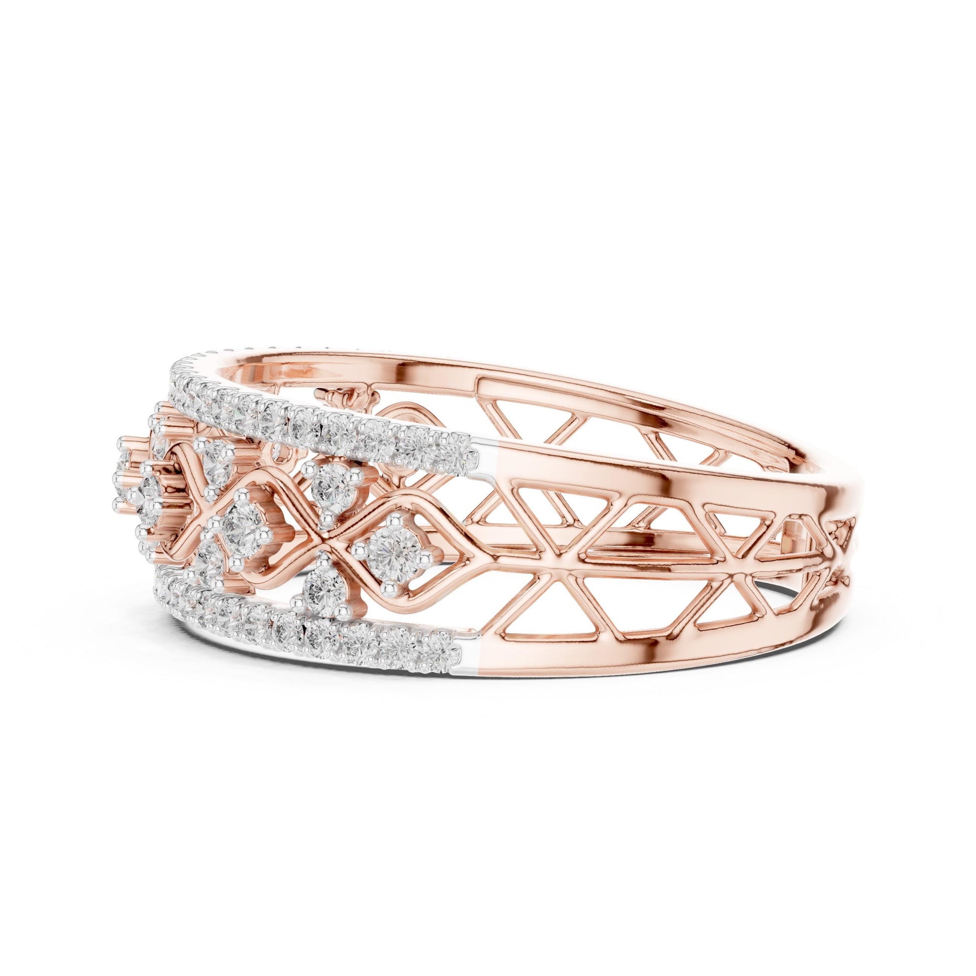 Riora vintage moissanite diamond eternity band with lattice design, rose gold and silver, perfect for wedding or anniversary jewelry.