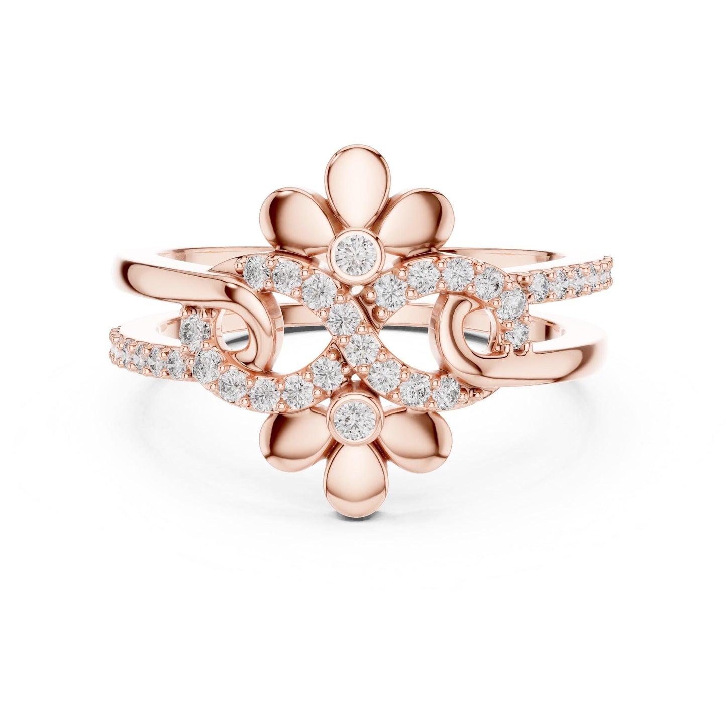Riora vintage floral moissanite diamond engagement ring with nature-inspired design and unique promise band in detailed close-up.