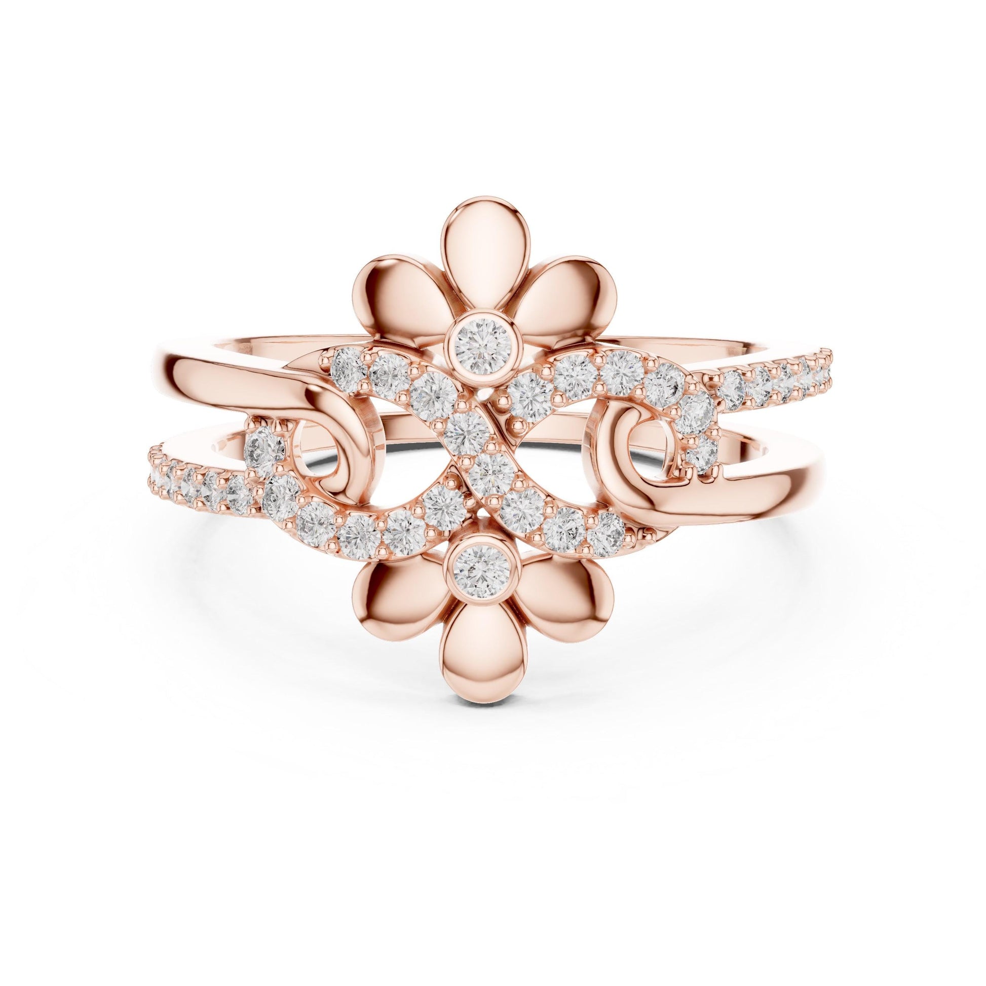 Riora vintage floral moissanite diamond engagement ring with nature-inspired design and unique promise band in detailed close-up.
