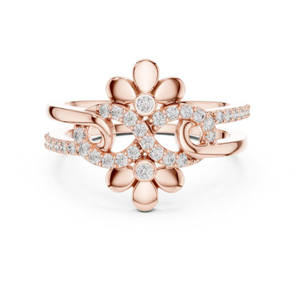 Riora vintage floral moissanite diamond engagement ring with nature-inspired design and unique promise band in detailed close-up.