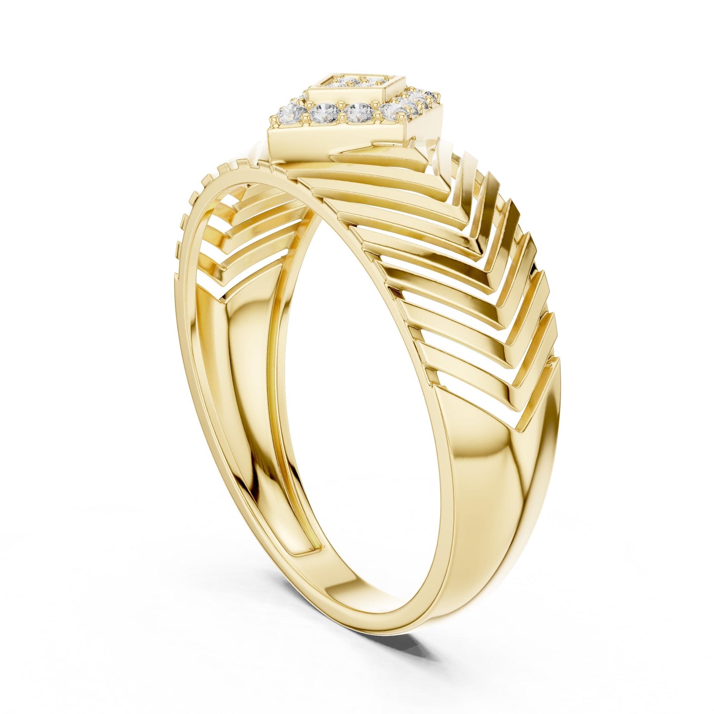 Riora gold rose geometric CZ chevron wide band ring showcasing a luxurious, hypoallergenic anniversary jewelry design.