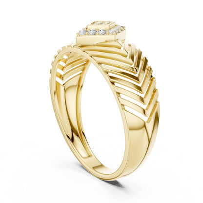 Riora gold rose geometric CZ chevron wide band ring showcasing a luxurious, hypoallergenic anniversary jewelry design.