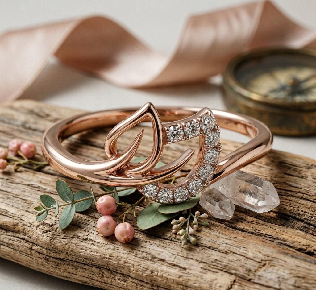 Riora Leaf Moissanite ring with nature-inspired design, rose gold band, minimalist promise ring with diamond alternative accents.