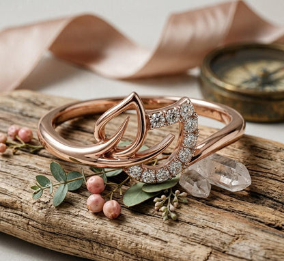Riora Leaf Moissanite ring with nature-inspired design, rose gold band, minimalist promise ring with diamond alternative accents.