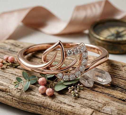 Riora Leaf Moissanite ring with nature-inspired design, rose gold band, minimalist promise ring with diamond alternative accents.