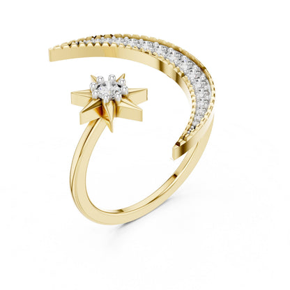 Rose gold celestial moon and star ring with moissanite and crescent diamond accents, designed as an astral engagement or promise band.