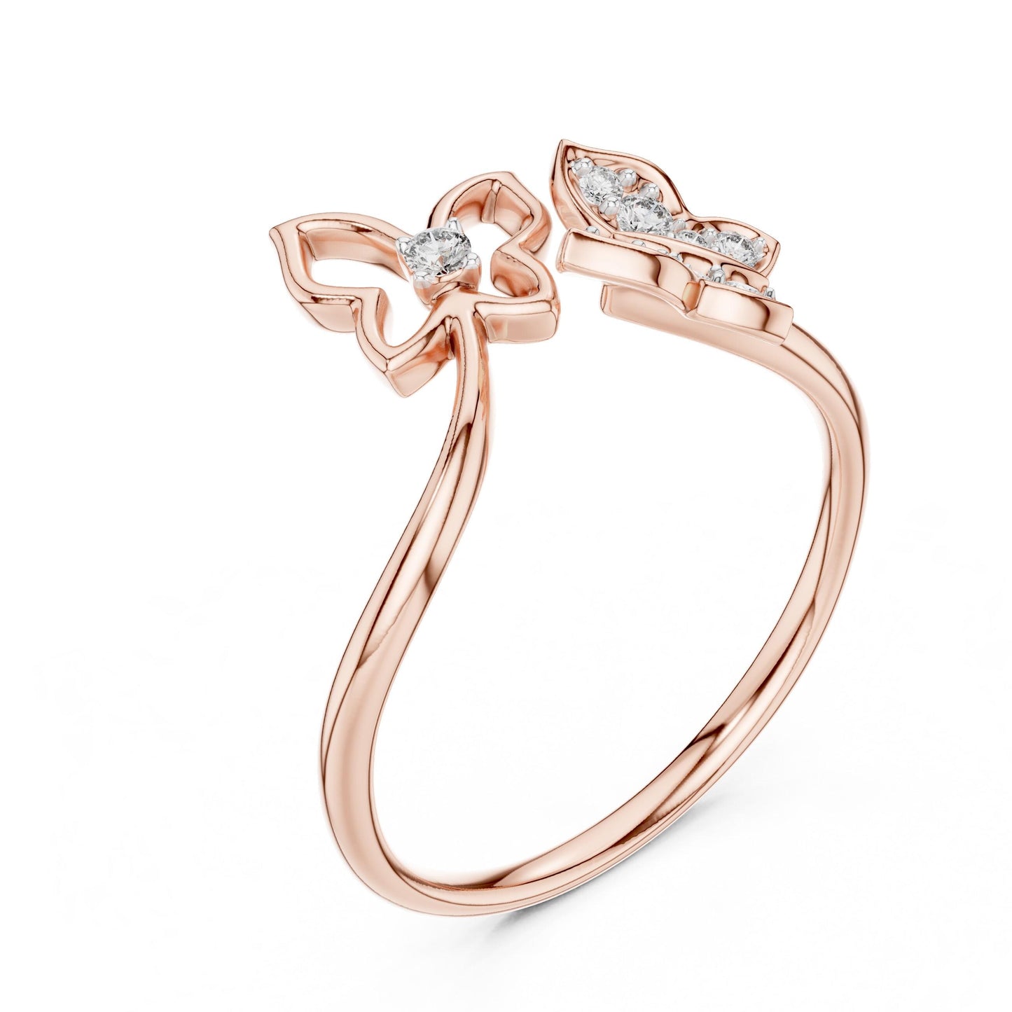 Riora moissanite butterfly ring with adjustable rose gold band, nature-inspired minimalist promise jewelry featuring a sparkling butterfly design