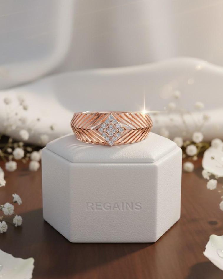 Gold rose hypoallergenic Chevron wide band ring with geometric cubic zirconia accents, luxury anniversary promise jewelry by Riora.