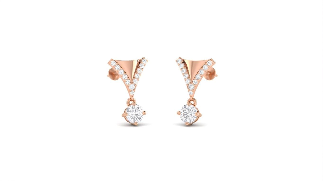 Riora Moissanite drop earrings in V shape with rose gold and silver finish, featuring dangling stud design for bridal or wedding jewelry