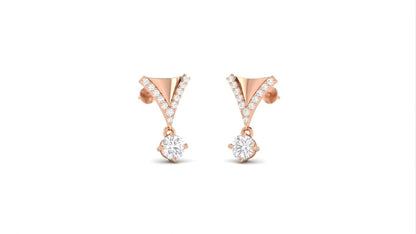 Riora Moissanite drop earrings in V shape with rose gold and silver finish, featuring dangling stud design for bridal or wedding jewelry