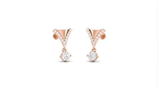 Riora Moissanite drop earrings in V shape with rose gold and silver finish, featuring dangling stud design for bridal or wedding jewelry