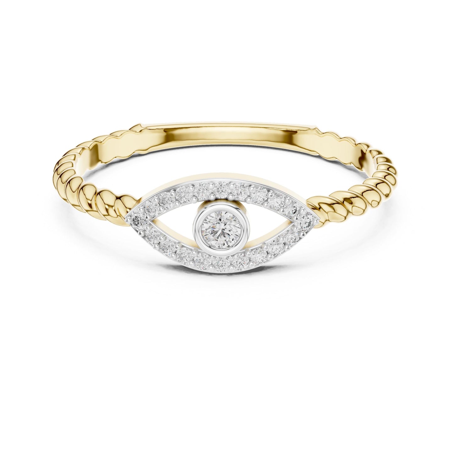 Rose gold evil eye moissanite ring with dainty diamond band, minimalist stacking jewelry by Riora, featuring eye-shaped design.