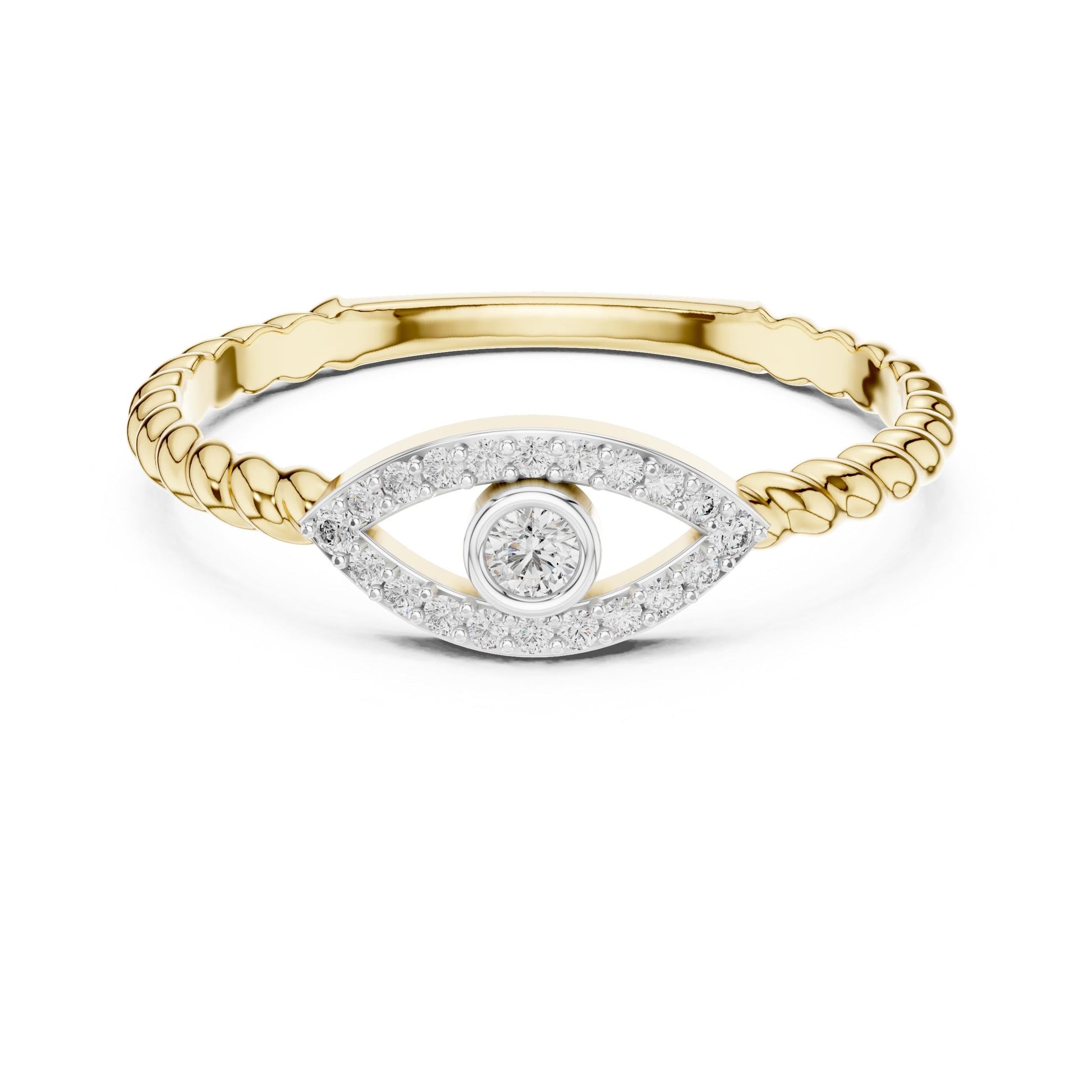 Rose gold evil eye moissanite ring with dainty diamond band, minimalist stacking jewelry by Riora, featuring eye-shaped design.