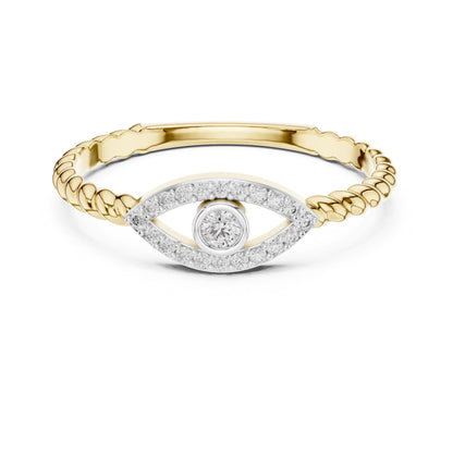 Rose gold evil eye moissanite ring with dainty diamond band, minimalist stacking jewelry by Riora, featuring eye-shaped design.